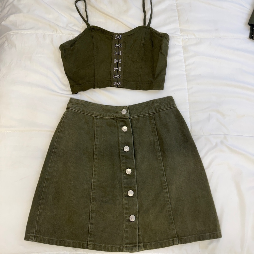 Olive denim buttom up set